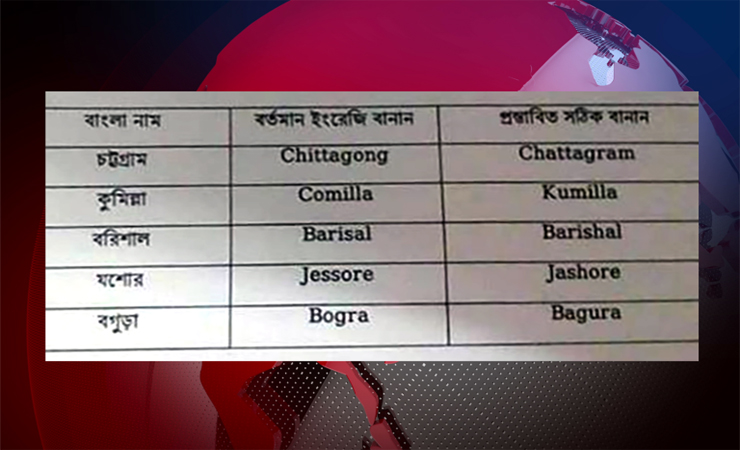 পরিবর্তন হচ্ছে পাঁচ জেলার ইংরেজি নামের বানান